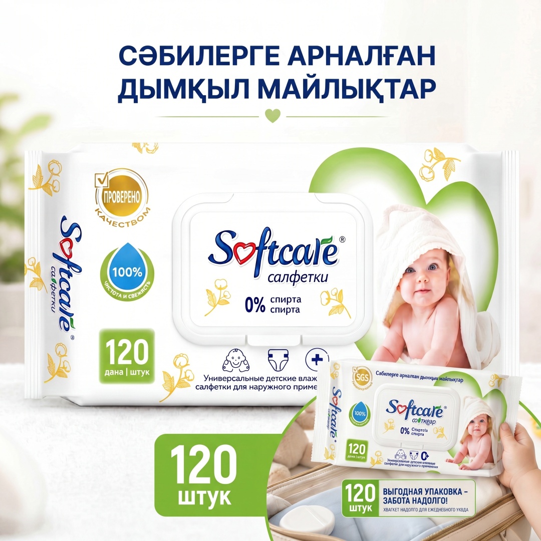 Влажные салфетки для детей Softcare, 120 шт.