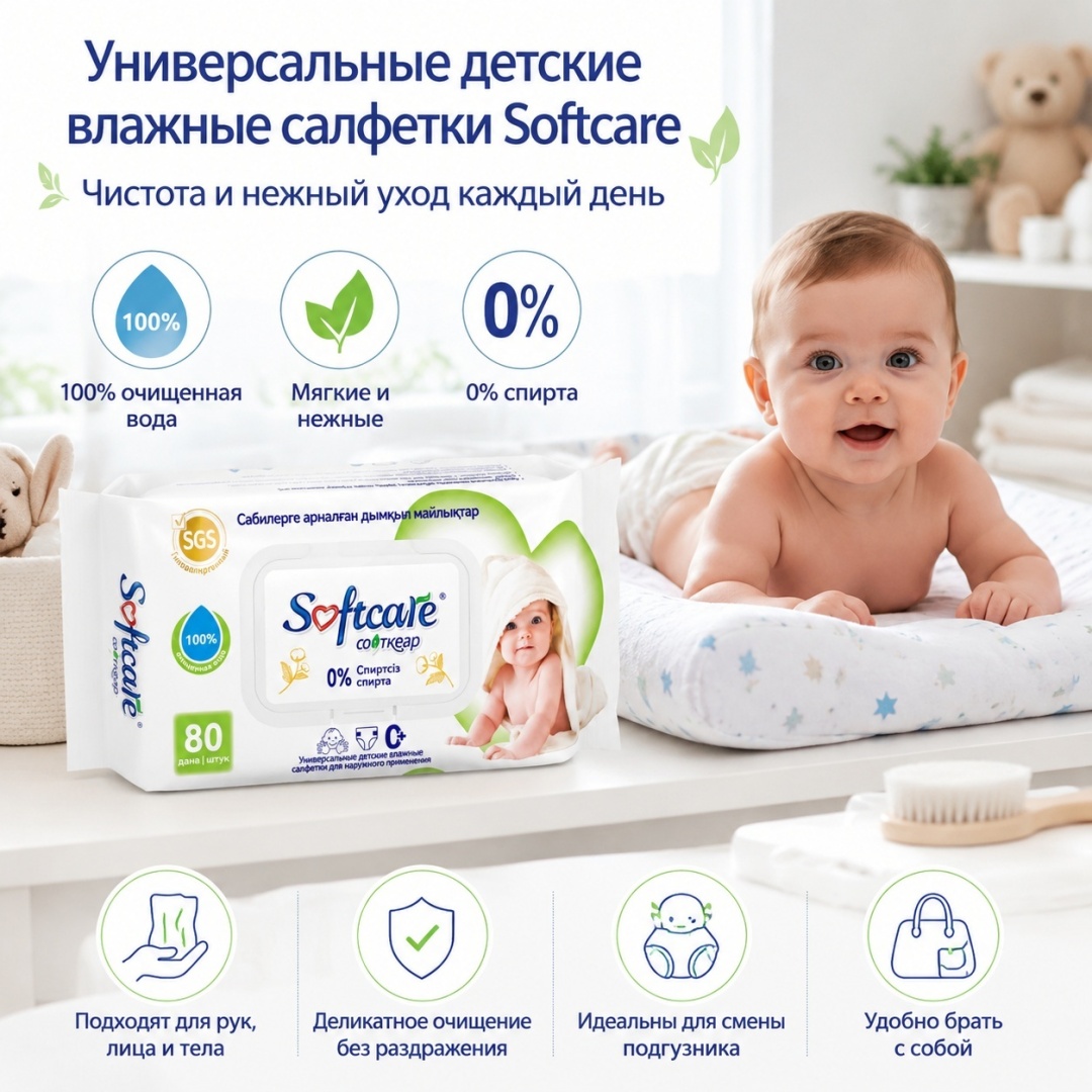 Влажные салфетки для детей Softcare, 80 шт.