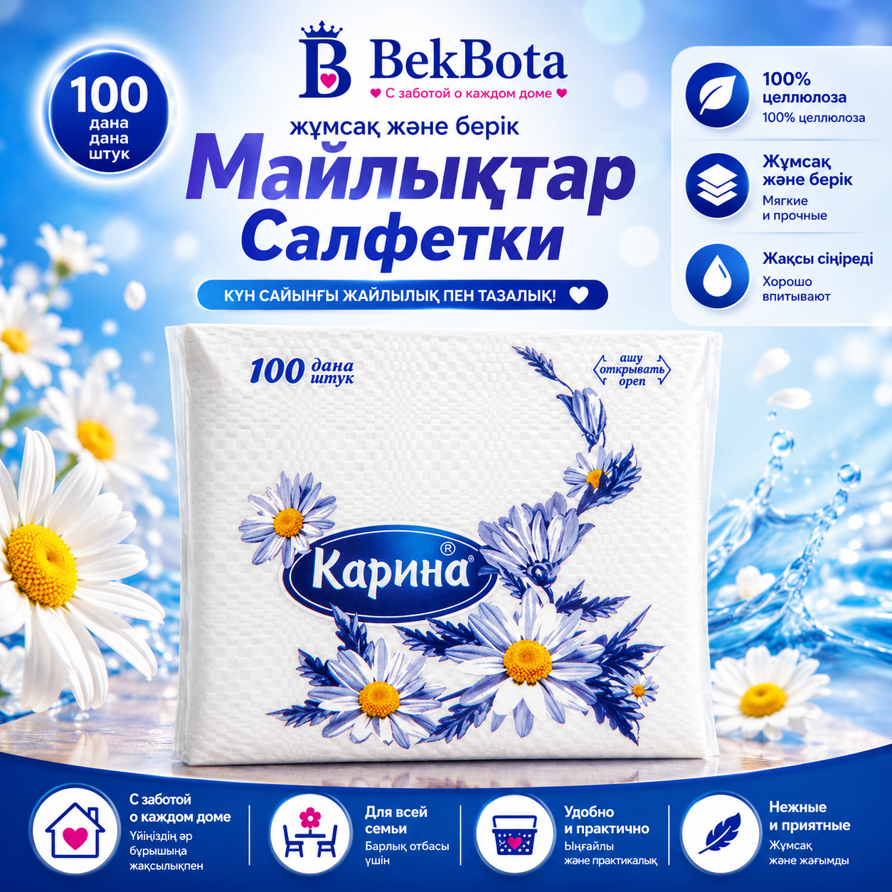 Салфетки "Карина", 1-слойные, 100 шт, размер листа 24*24 см, белые