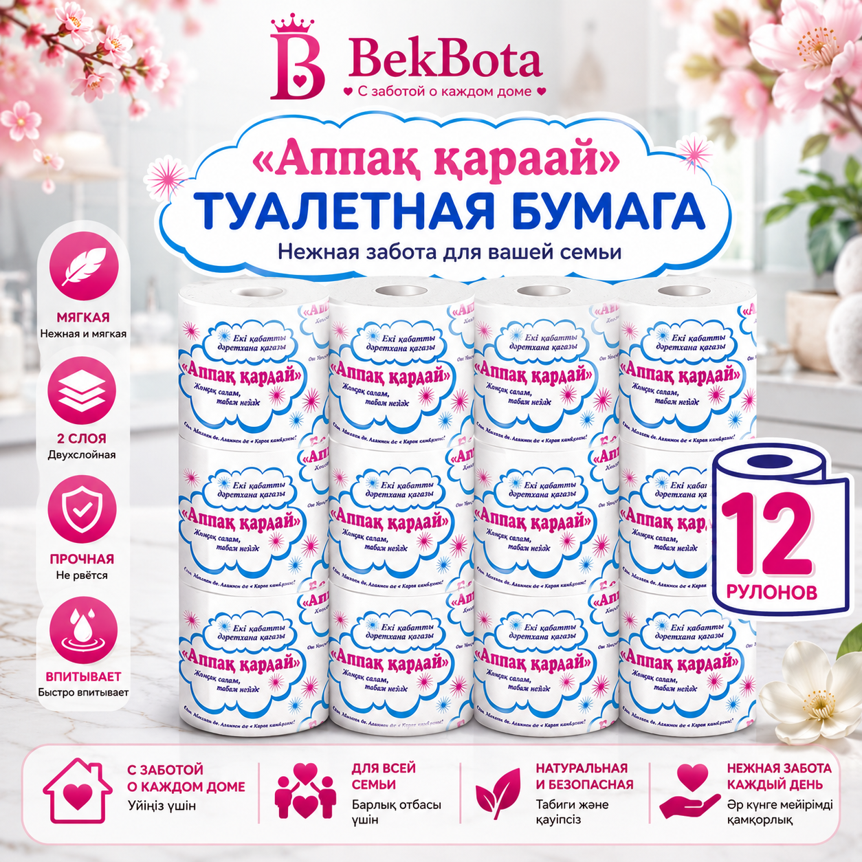 Туалетная бумага Белоснежка, 2-слойная, 12 рулонов, мягкая и прочная
