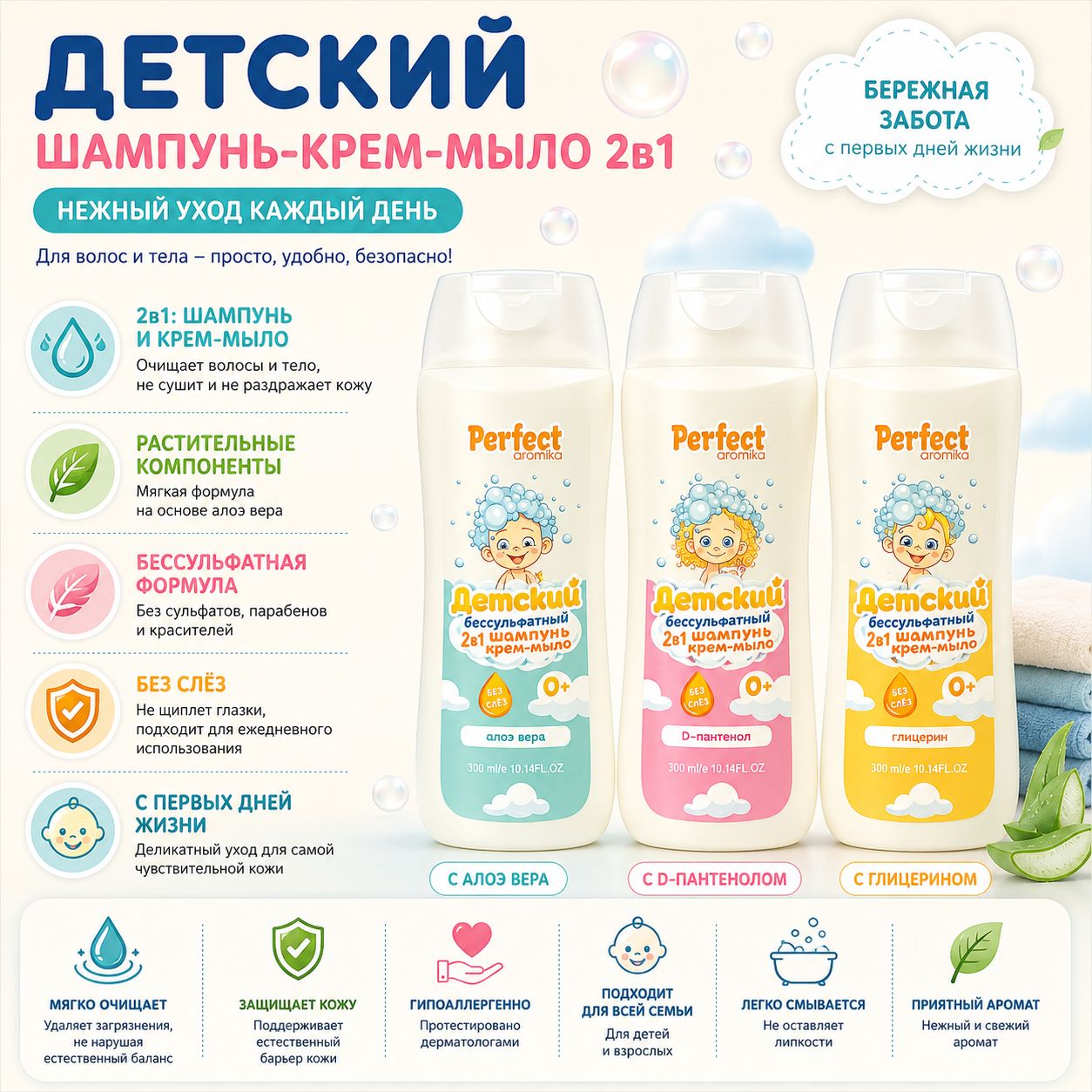 Десткий шампунь-крем-мыло 2в1, 300 мл