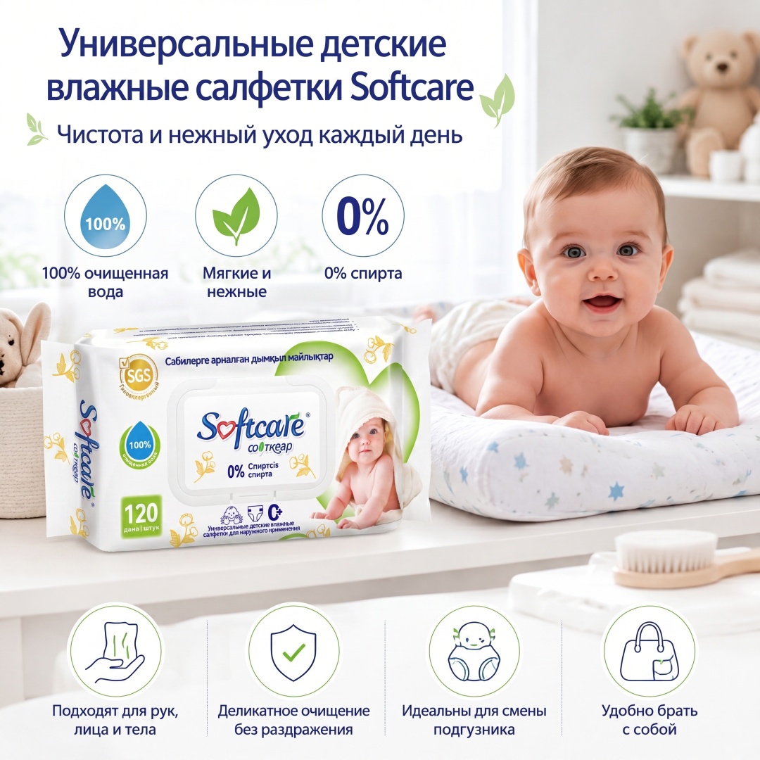 Влажные салфетки для детей Softcare, 120 шт.