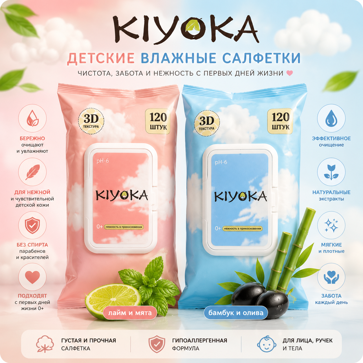 Детские влажные салфетки Kiyoka 120 шт